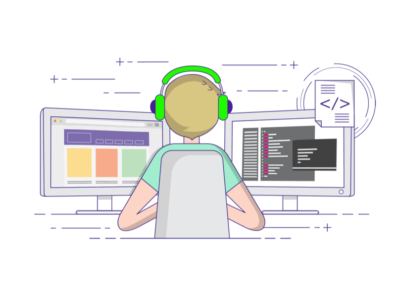 Animated illustration representing Rahul's development workflow